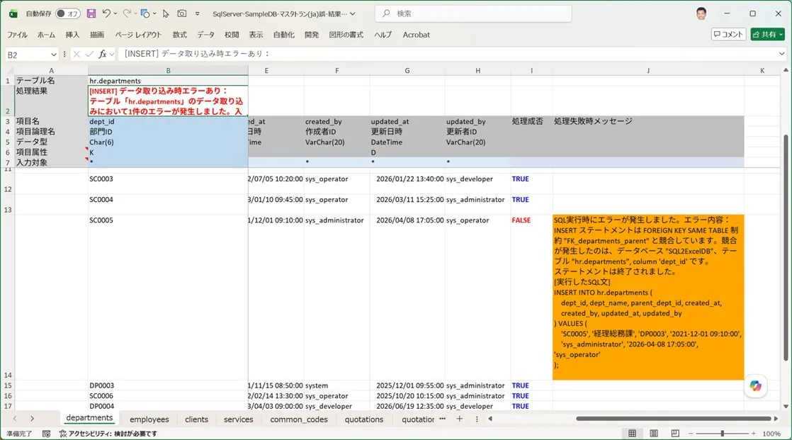 自己参照キーエラーを含む部門マスターの入力シートの取り込み結果