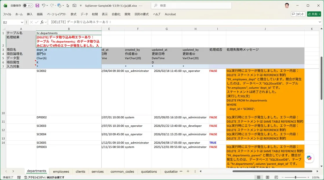 部門マスターの入力シートのデータが削除エラー