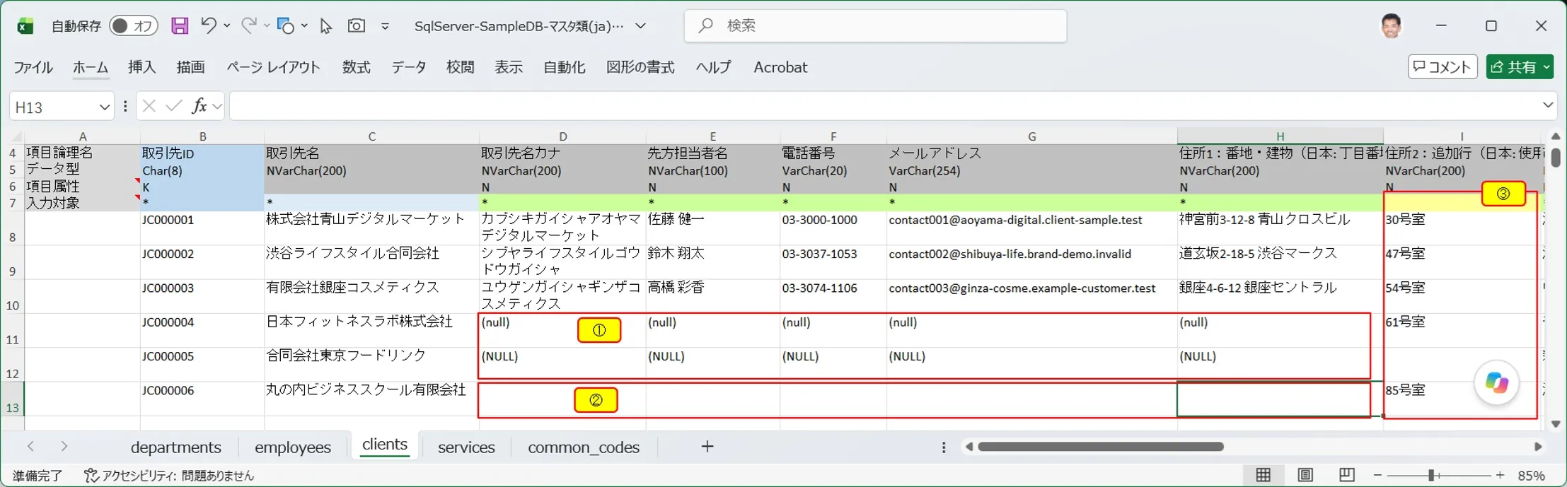 NULL・空文字列・文字列としての(null)の入力例