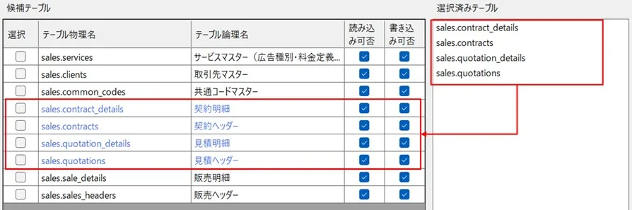 選択済みテーブルリスト上のテーブルへ