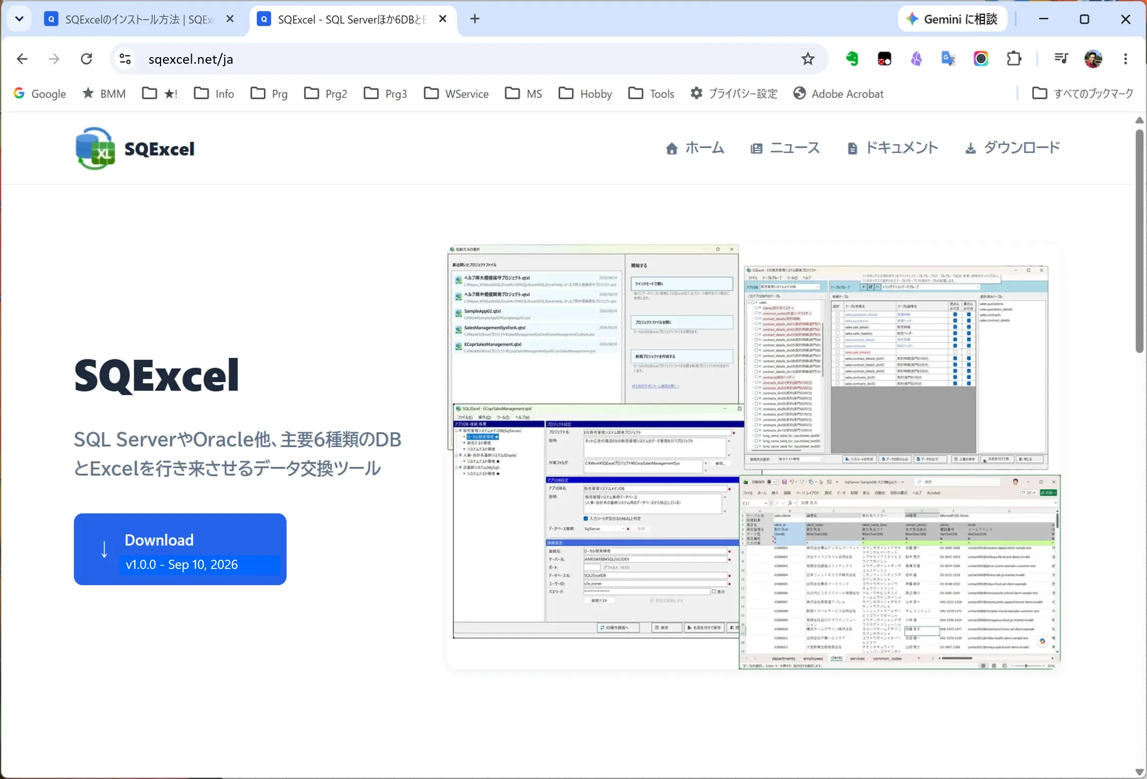 SQExcelのポータルサイトのダウンロードボタン
