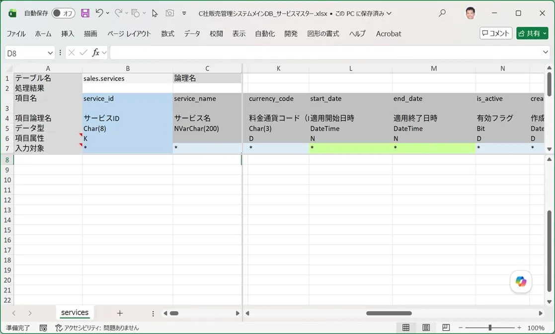 ローカル開発環境のサービスマスターの入力シート