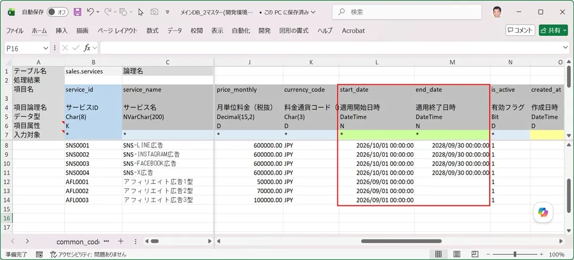 サービスマスターに共通コードマスターに追加された2つの区分値を使用した7つのデータを追加