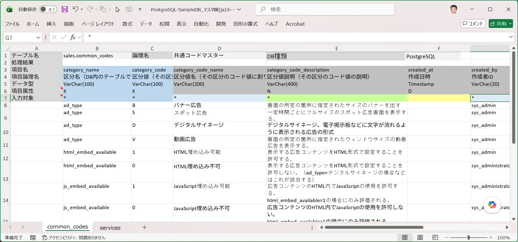 共通コードマスターの入力シートにデータを入力する