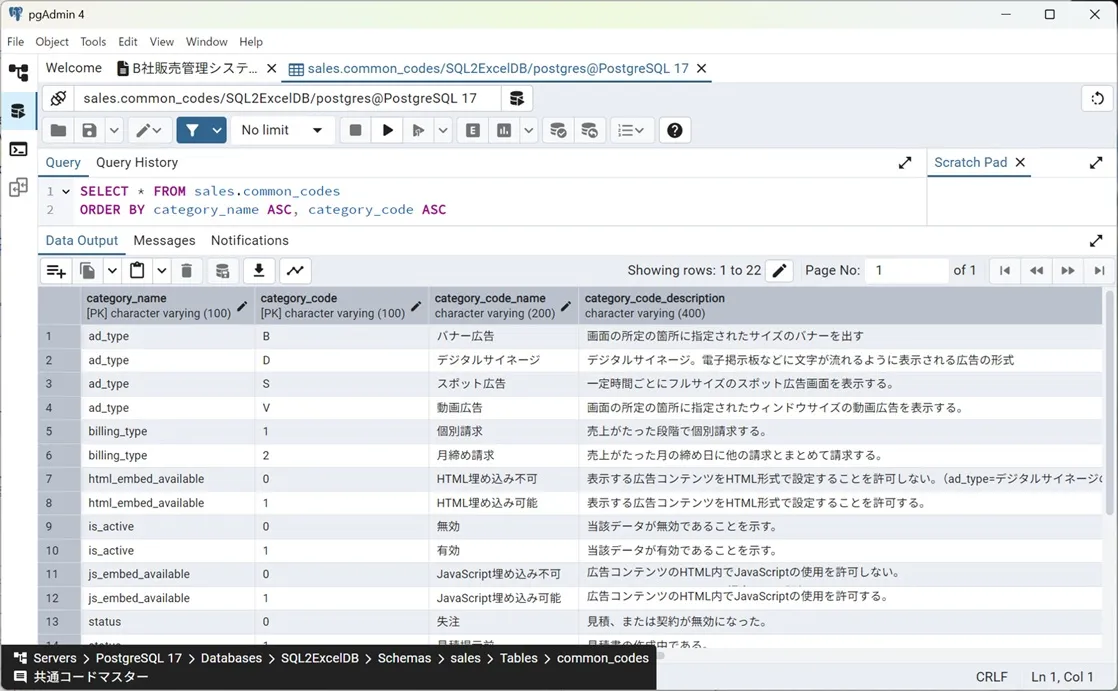 pgAdmin4でSQLの実行結果を確認する