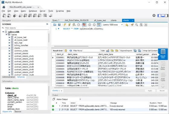 MySQLでの実行結果画面