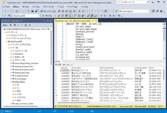 SQL Serverでの実行結果画面